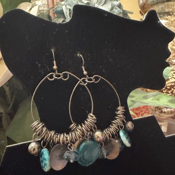 Hoop Earrings with Turquoise Beads - Picture 3 of 4